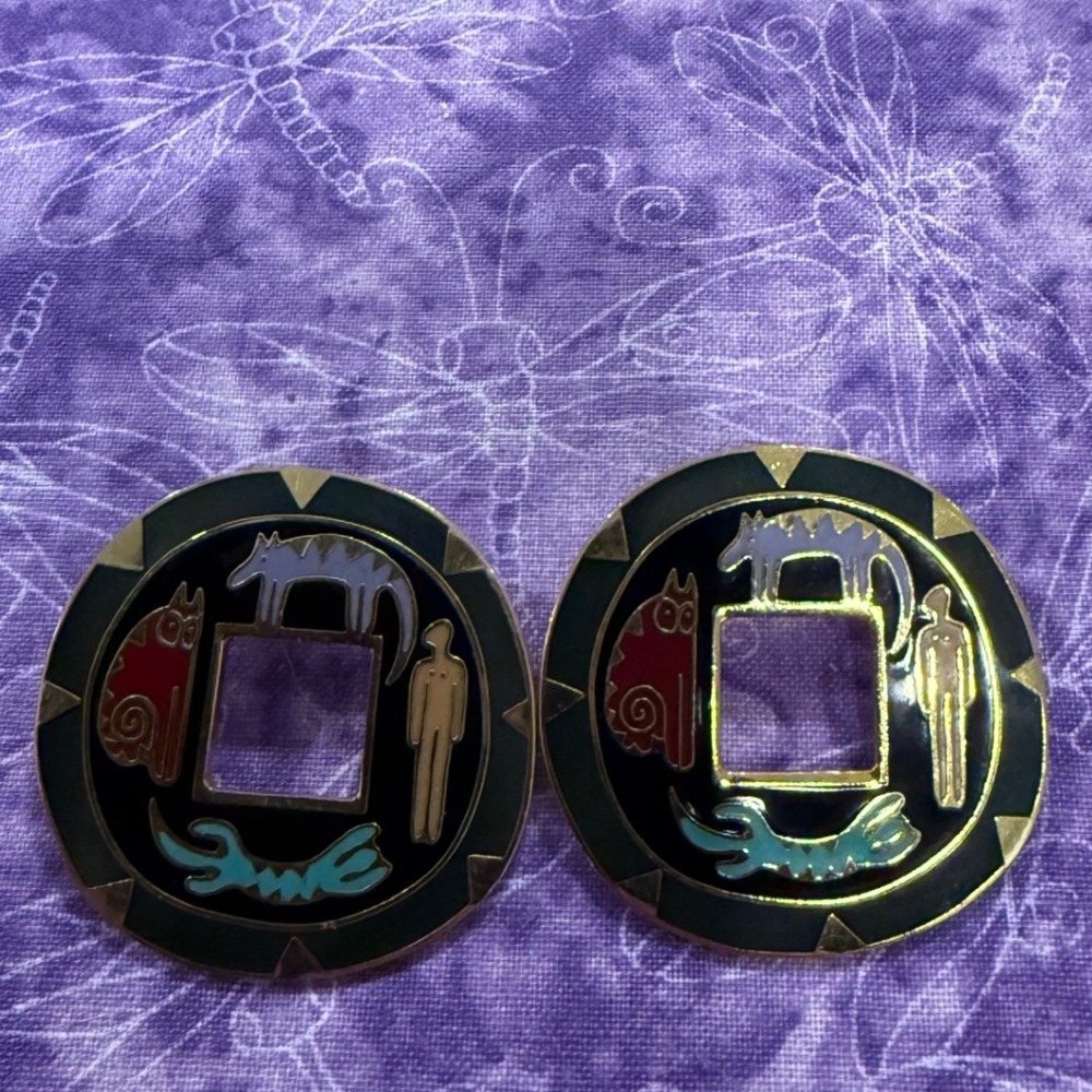 Laurel Burch Amulet Earrings Black Gold Cloisonne Enamel Animal Figures Cat